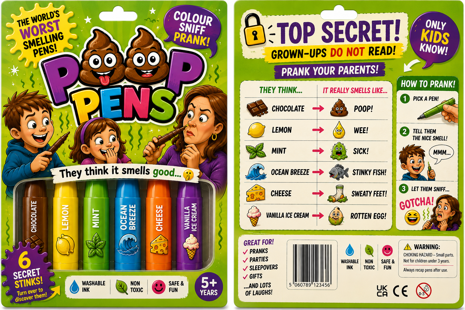Poop Pens packaging front and back, showing six coloured novelty scented pens