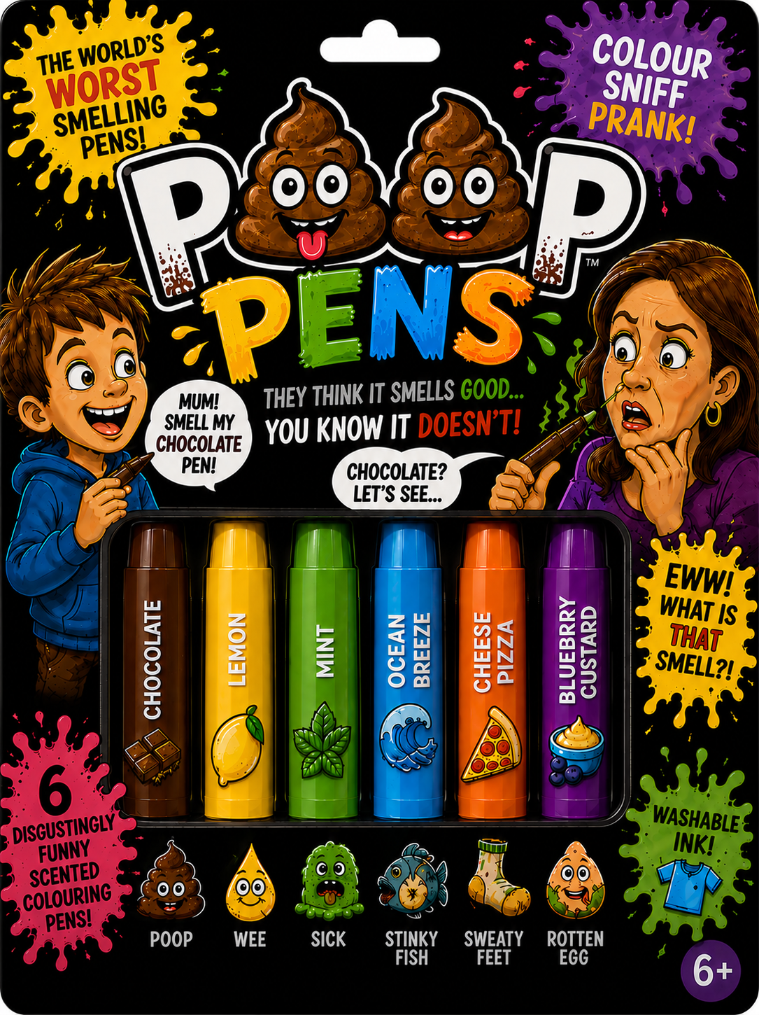 Poop Pens packaging front and back, showing six coloured novelty scented pens